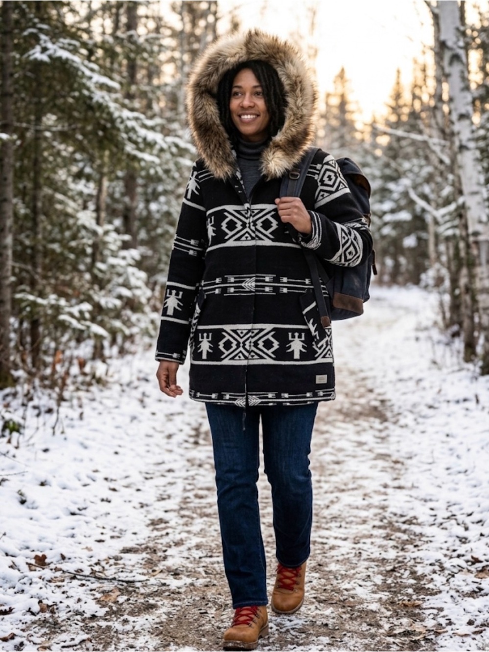 BB Dakota Women's Black Patterned Hooded Coat with Faux-Fur Trim